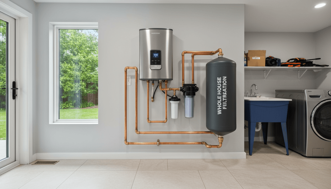Modern home water filtration system with tankless water heater in a bright utility room