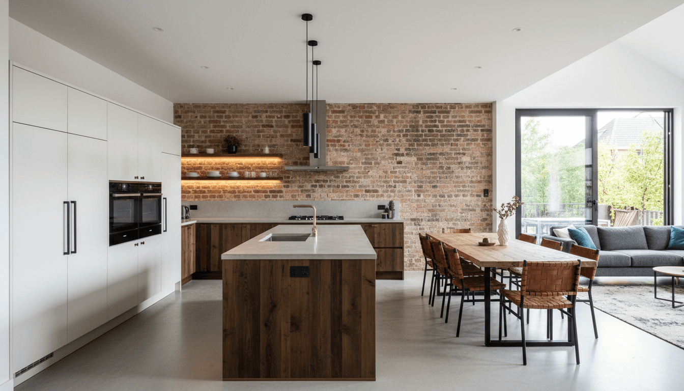 Open concept kitchen with exposed brick and new floor plan