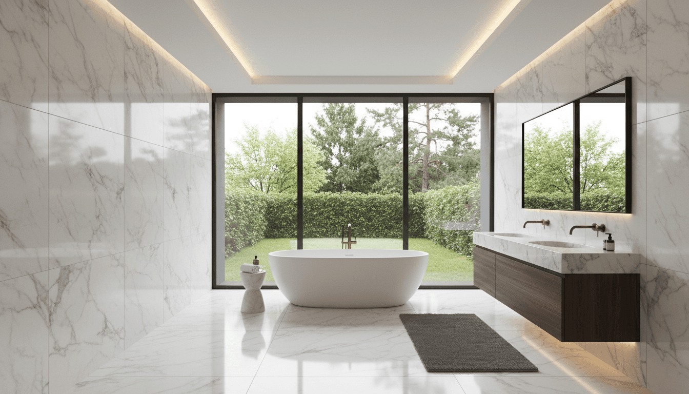 Luxury modern bathroom with freestanding soaking tub and marble tiles