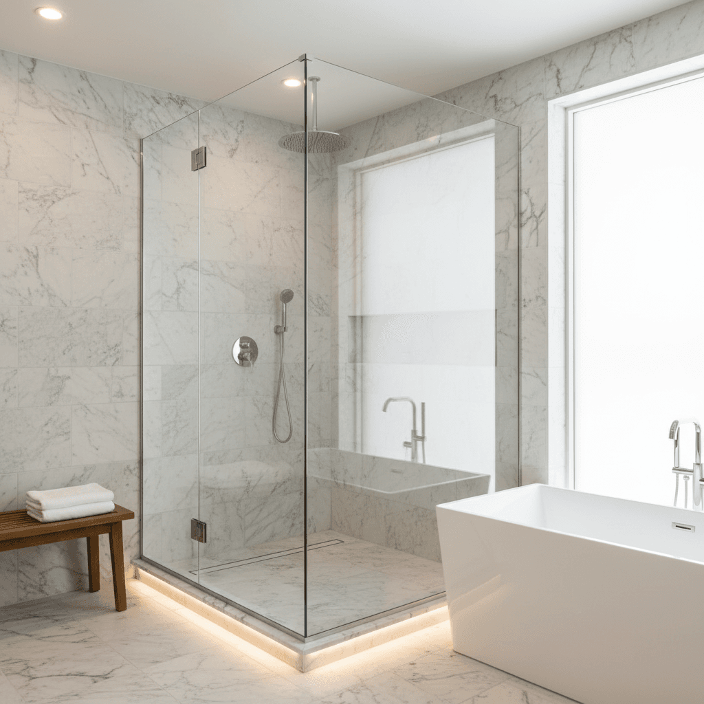 Walk-in rain shower with a glass enclosure and large-format marble tile