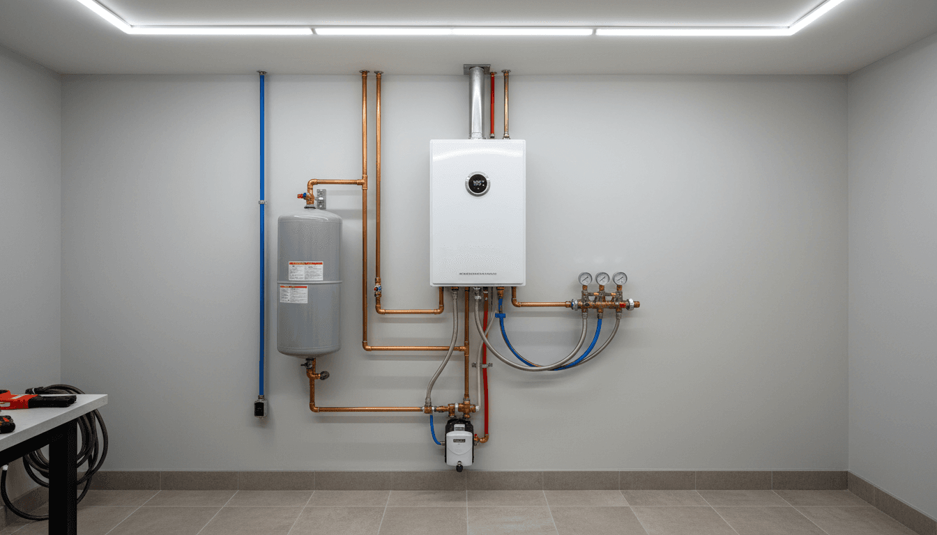 Tankless water heater mounted on a wall in a modern home
