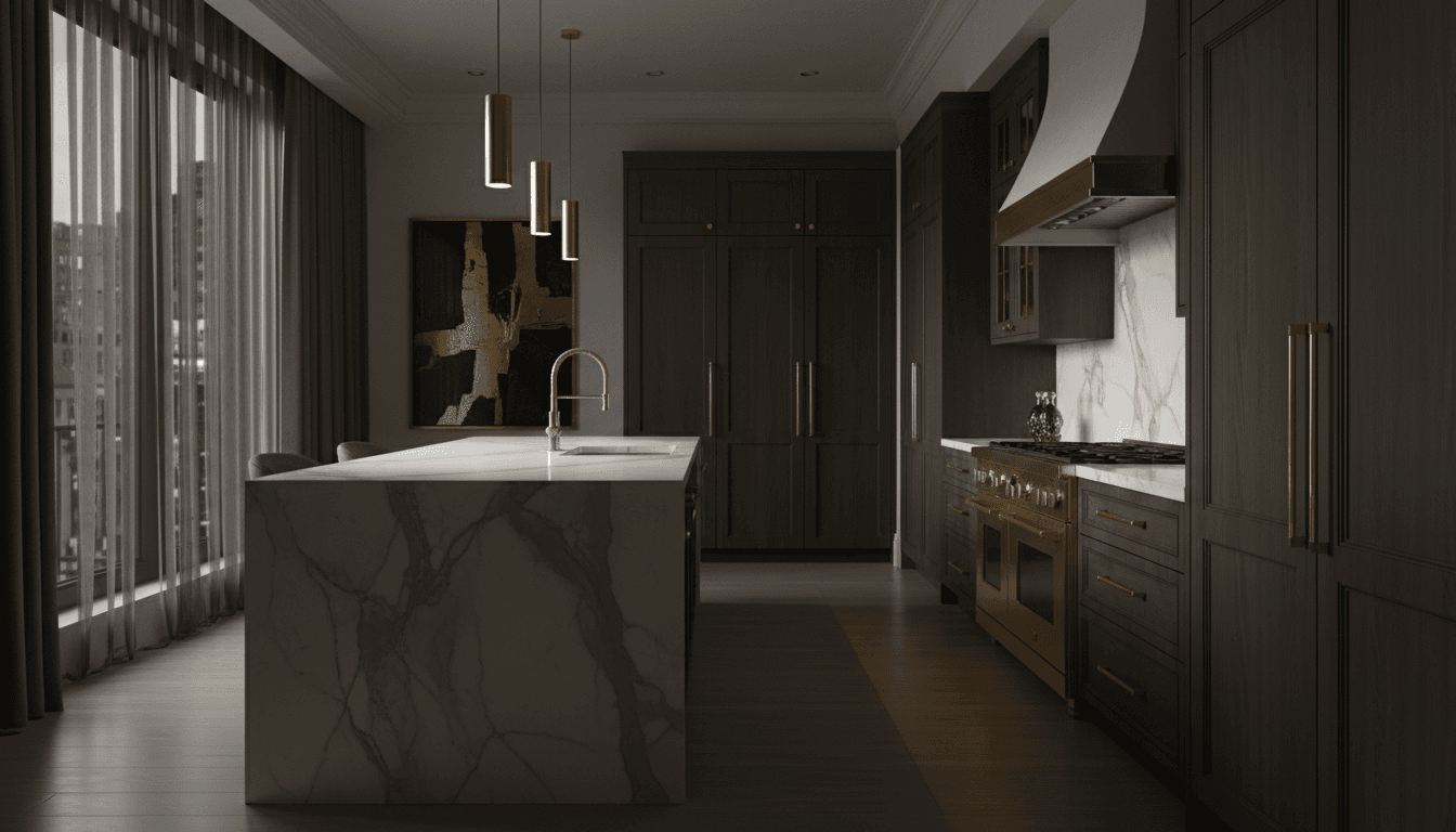 Modern luxury kitchen with marble island and brass fixtures