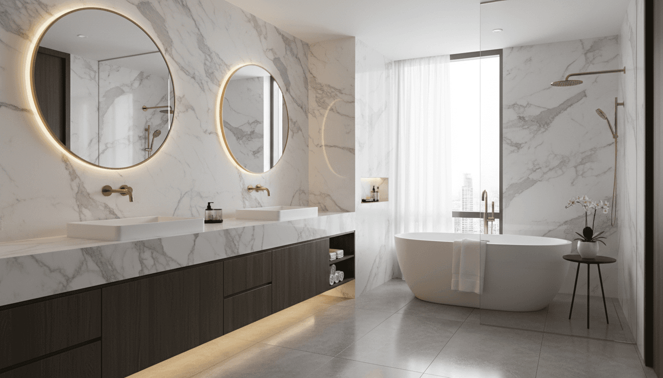Modern luxury bathroom with marble surfaces and contemporary design