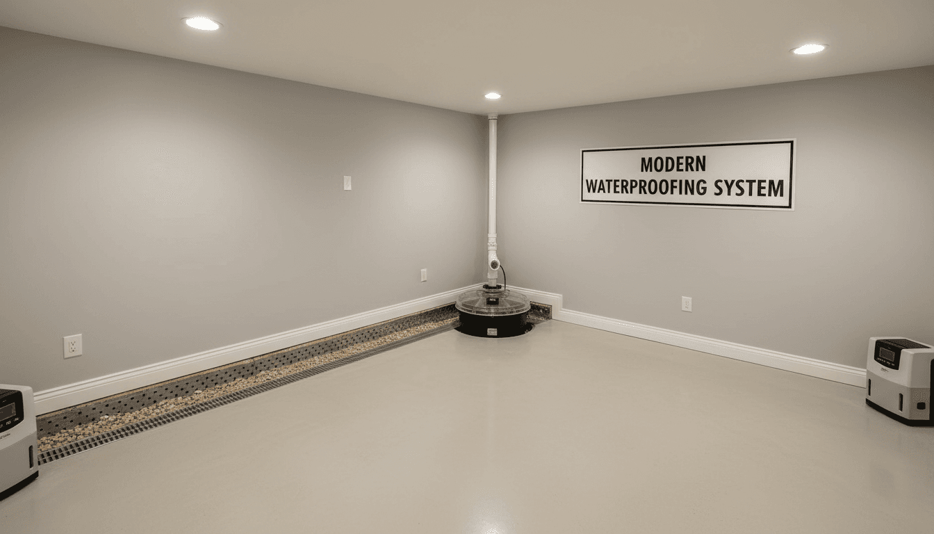 Modern basement waterproofing system with a sump pump and clean finished walls