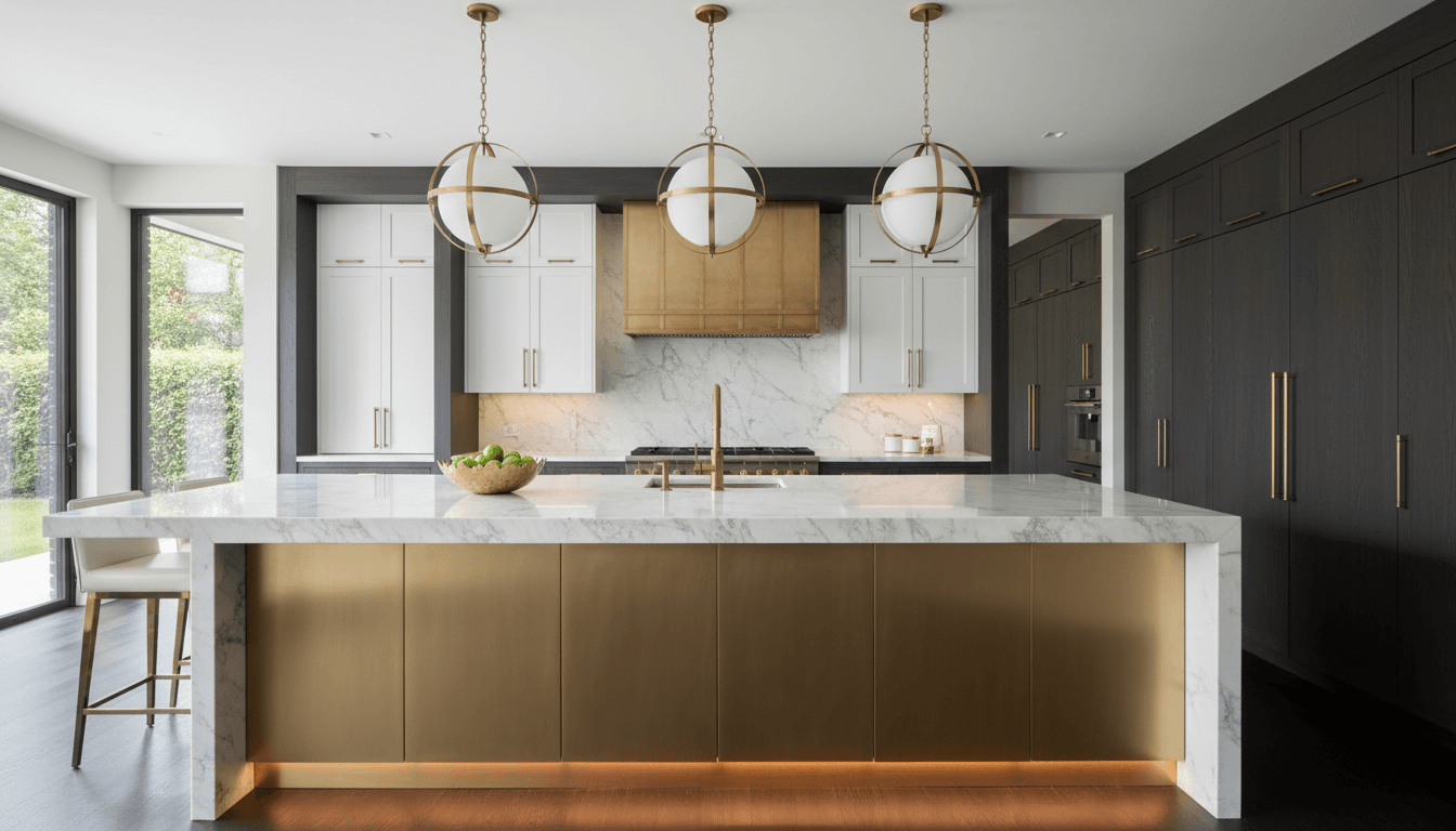 Luxurious modern kitchen with marble island and brass fixtures