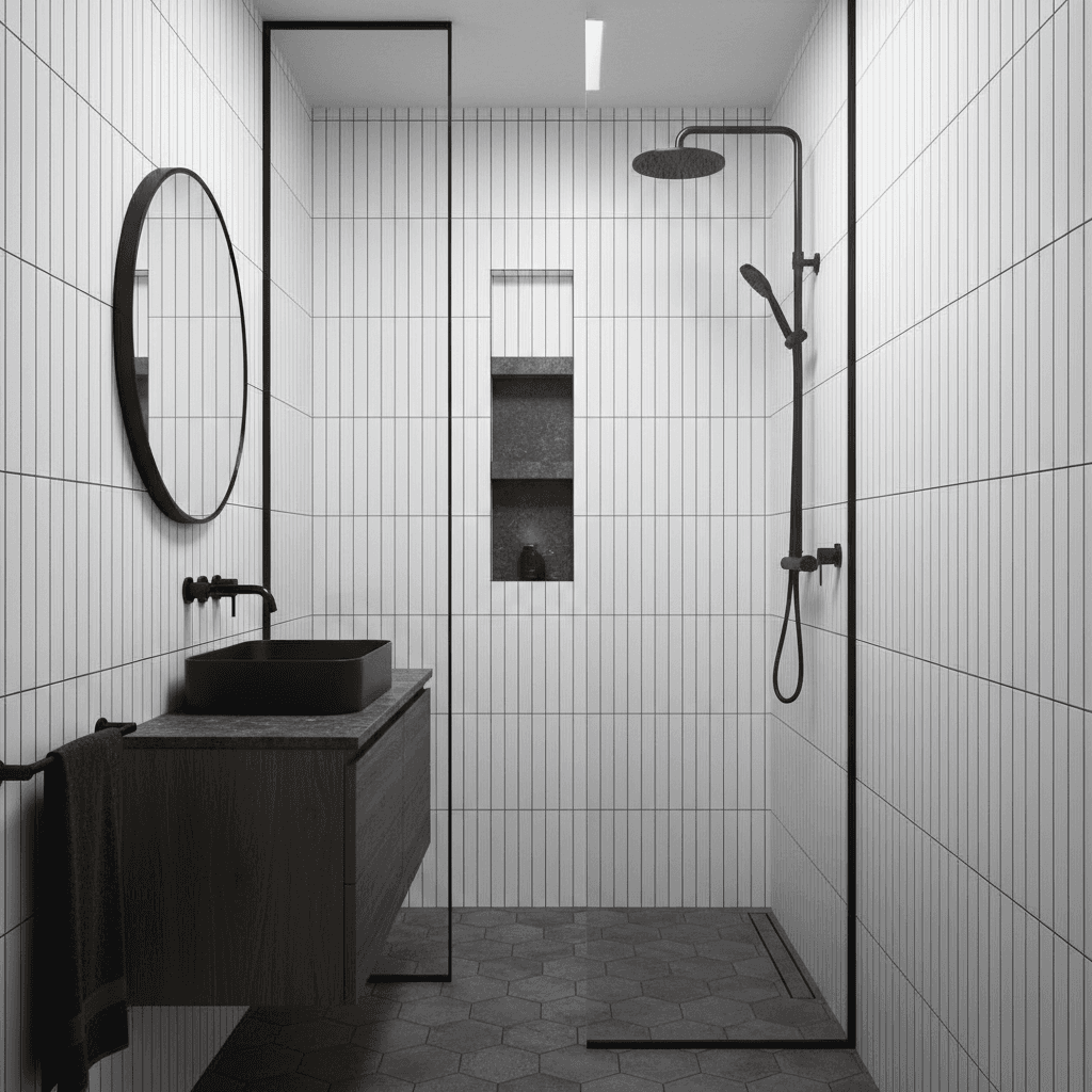 Narrow bathroom with vertical tile shower niche and matte black fixtures