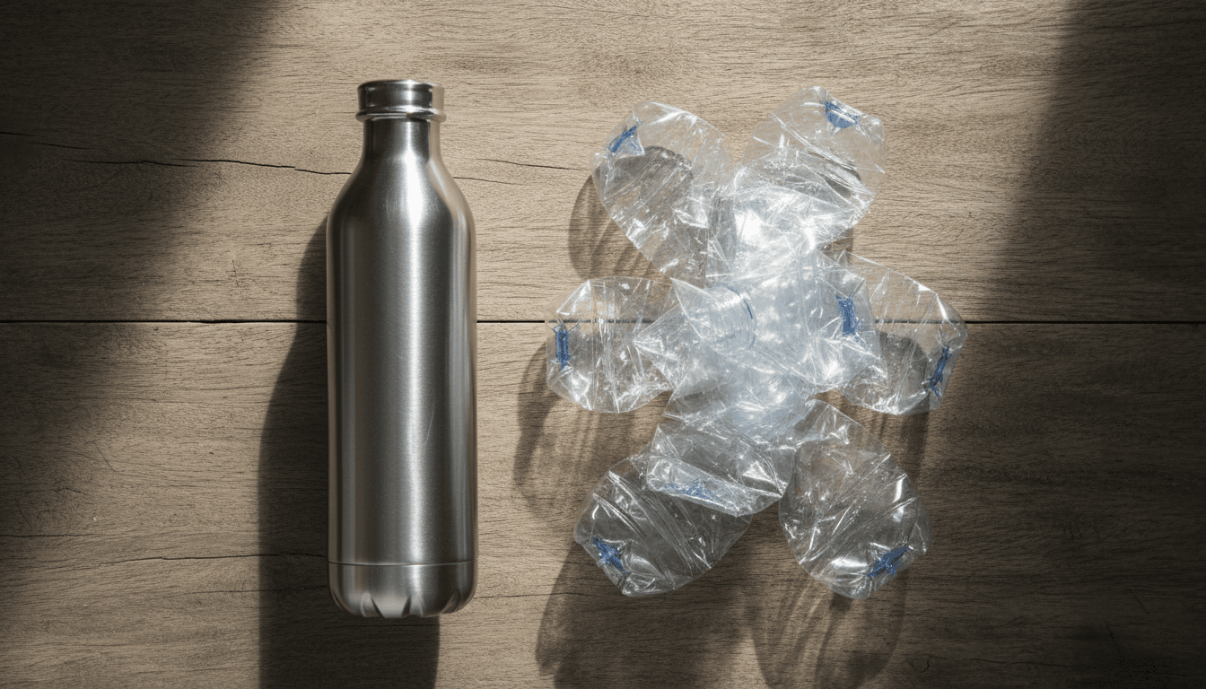 overhead view of reusable metal bottle next to plastic water bottles