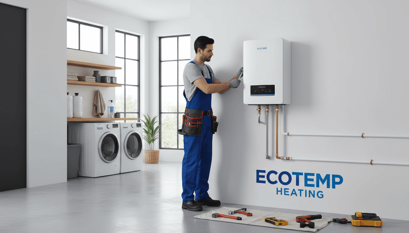 Professional technician installing a tankless water heater in a modern home