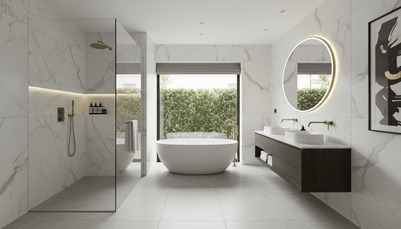 Modern luxury bathroom with marble walls and a walk-in glass shower