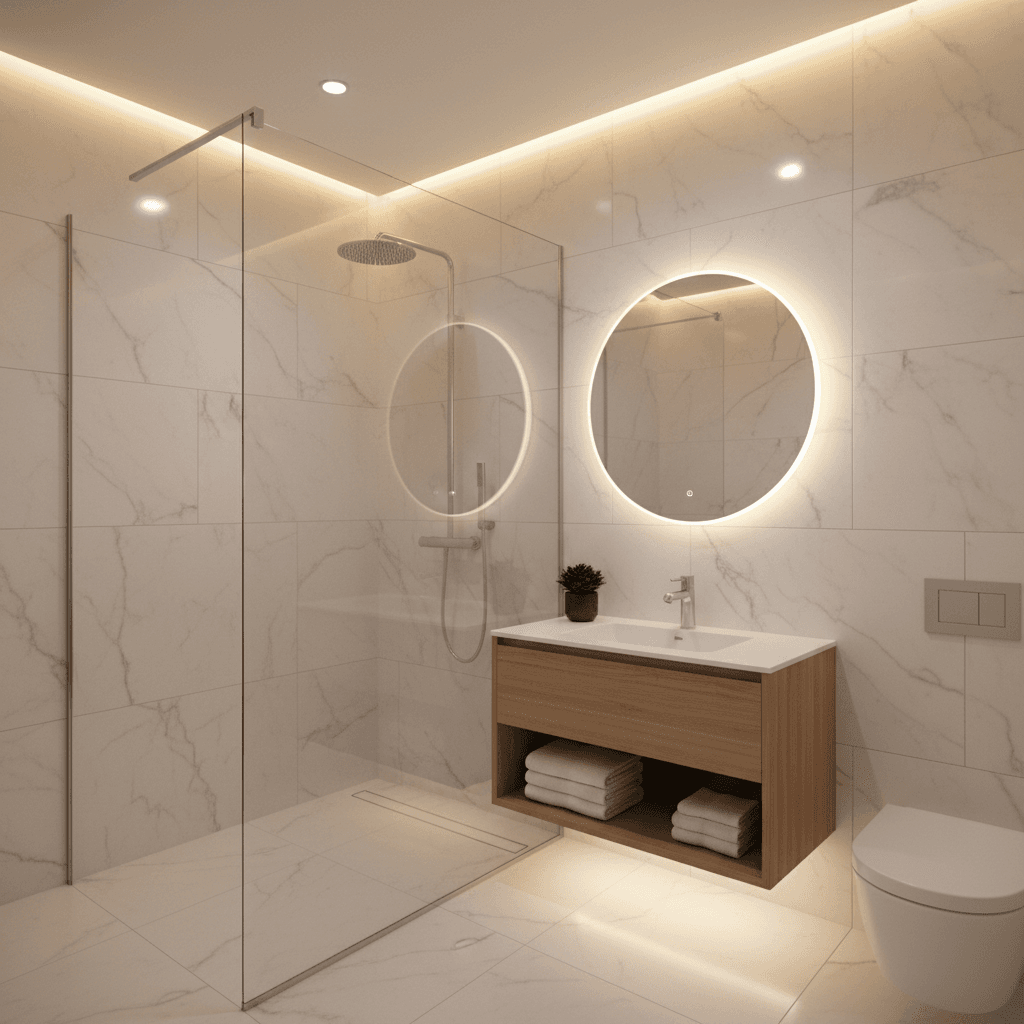 Compact luxury bathroom with walk-in glass shower and marble tile