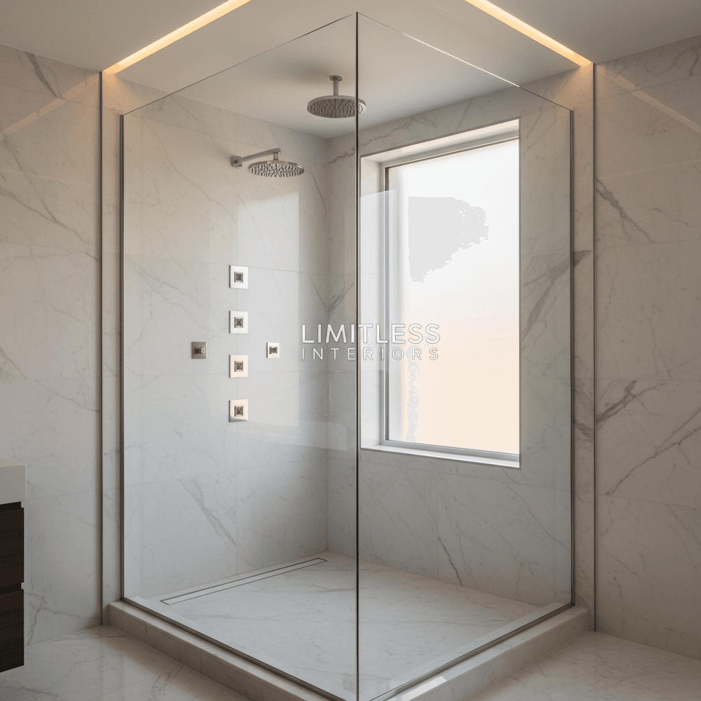 Modern luxury hotel bathroom with marble walls, rainfall showerhead, and premium amenities in spa-like setting