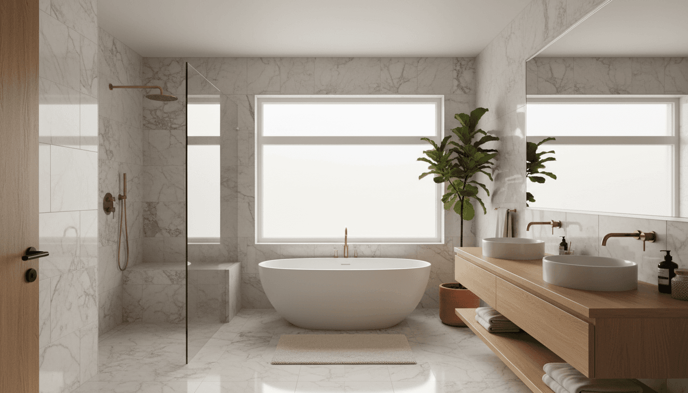 Finished luxury bathroom with marble tile and frameless glass shower