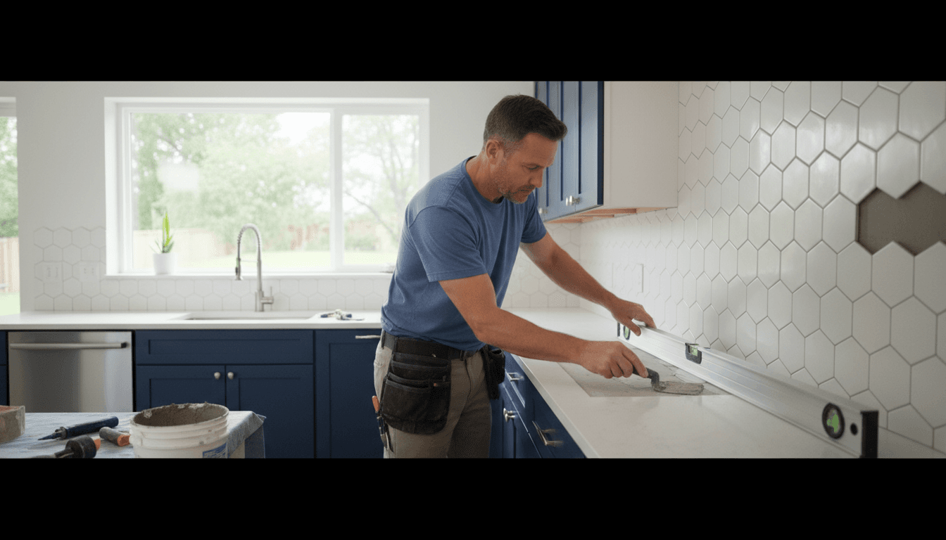 Professional contractor installing kitchen tile backsplash with precision