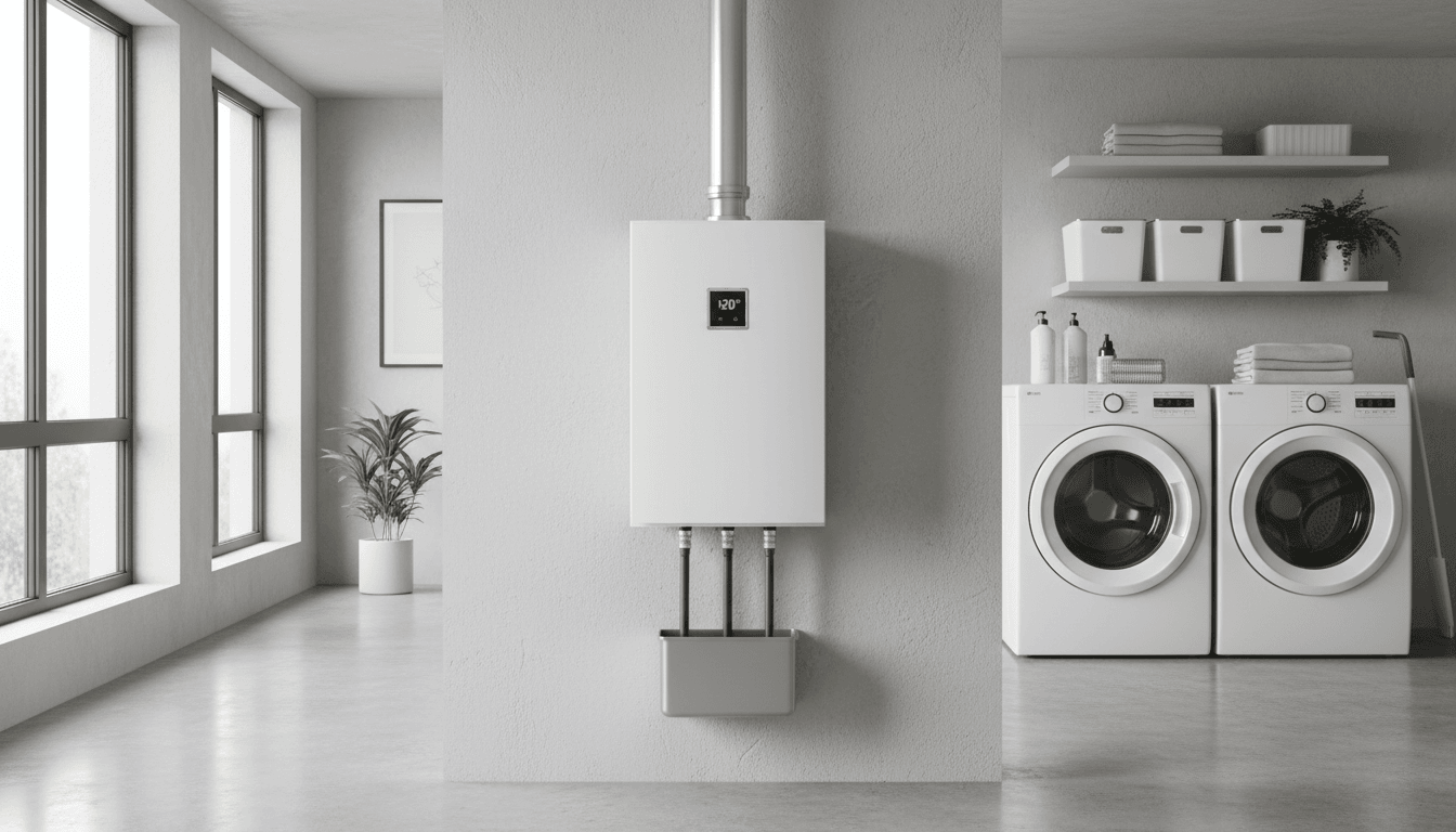Modern tankless water heater mounted on a wall in a clean utility room