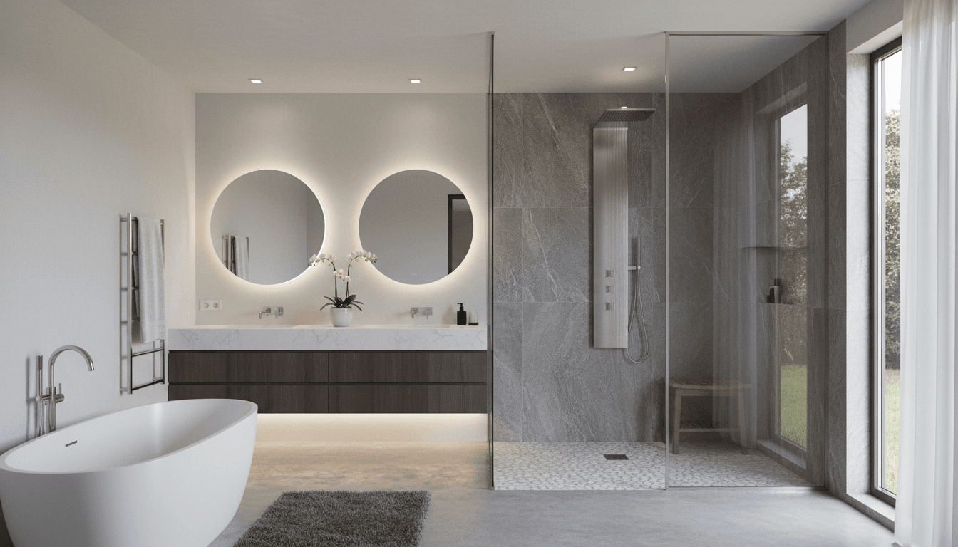 Modern luxury bathroom with a walk-in glass shower and premium fixtures