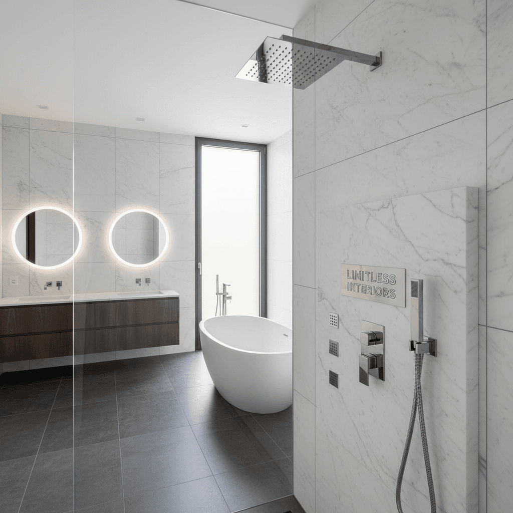 Modern marble bathroom featuring a freestanding tub, double vanity, backlit mirrors, and glass shower.