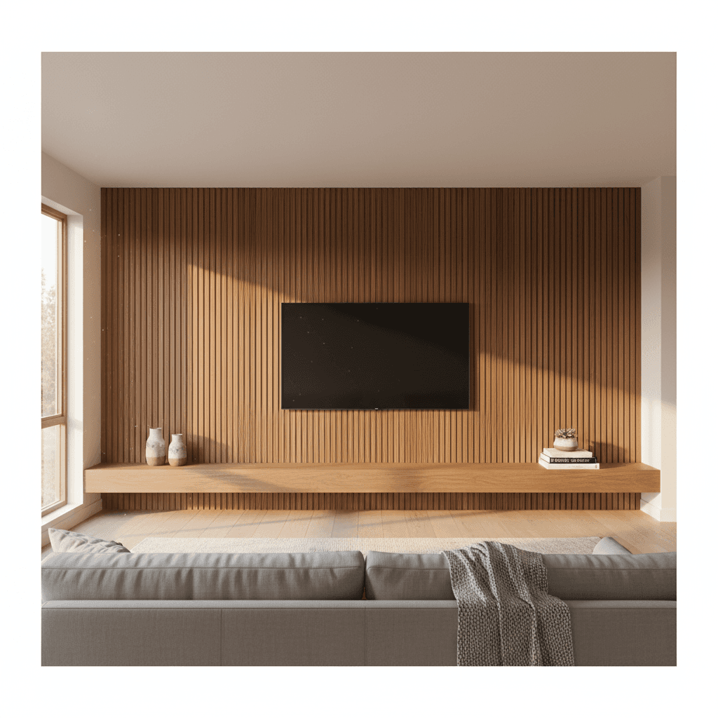 Full-wall slatted wood media wall panel system with integrated floating shelves