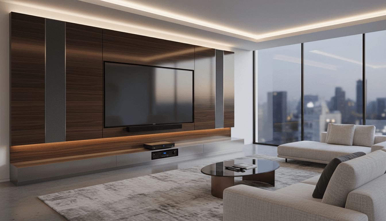 Luxury interior media wall with hidden audio-visual system installation in a modern living room.