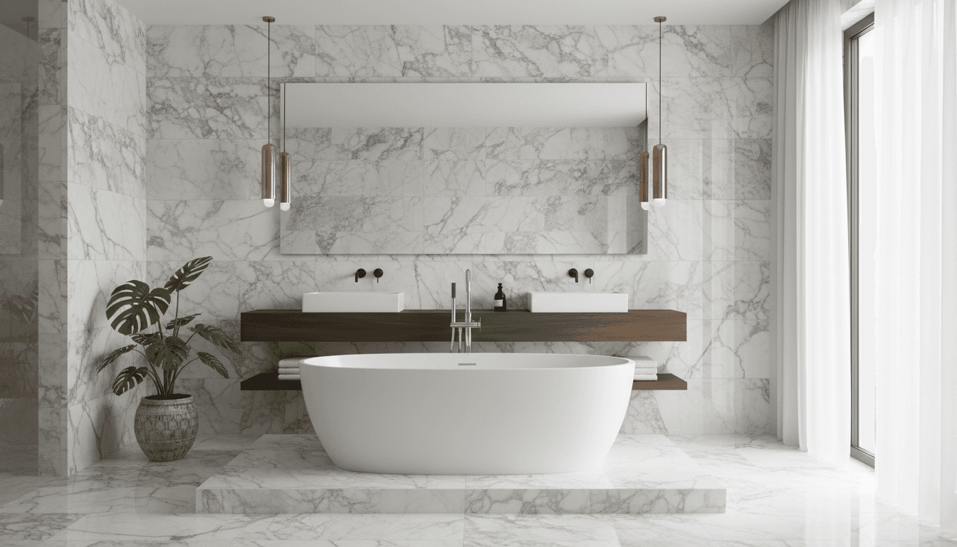 Elegant luxury bathroom with marble surfaces and a standalone soaking tub