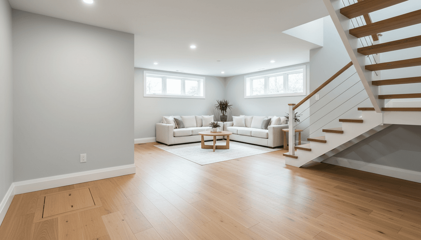 A bright, dry finished basement with modern interior design and a discreet sump pump installation in the corner
