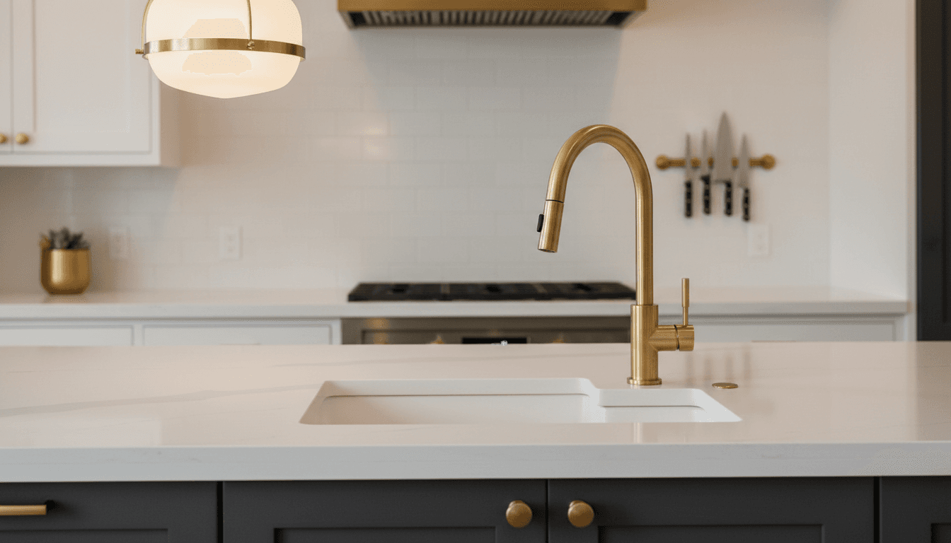 Detail of modern kitchen with quartz countertop and brass fixtures