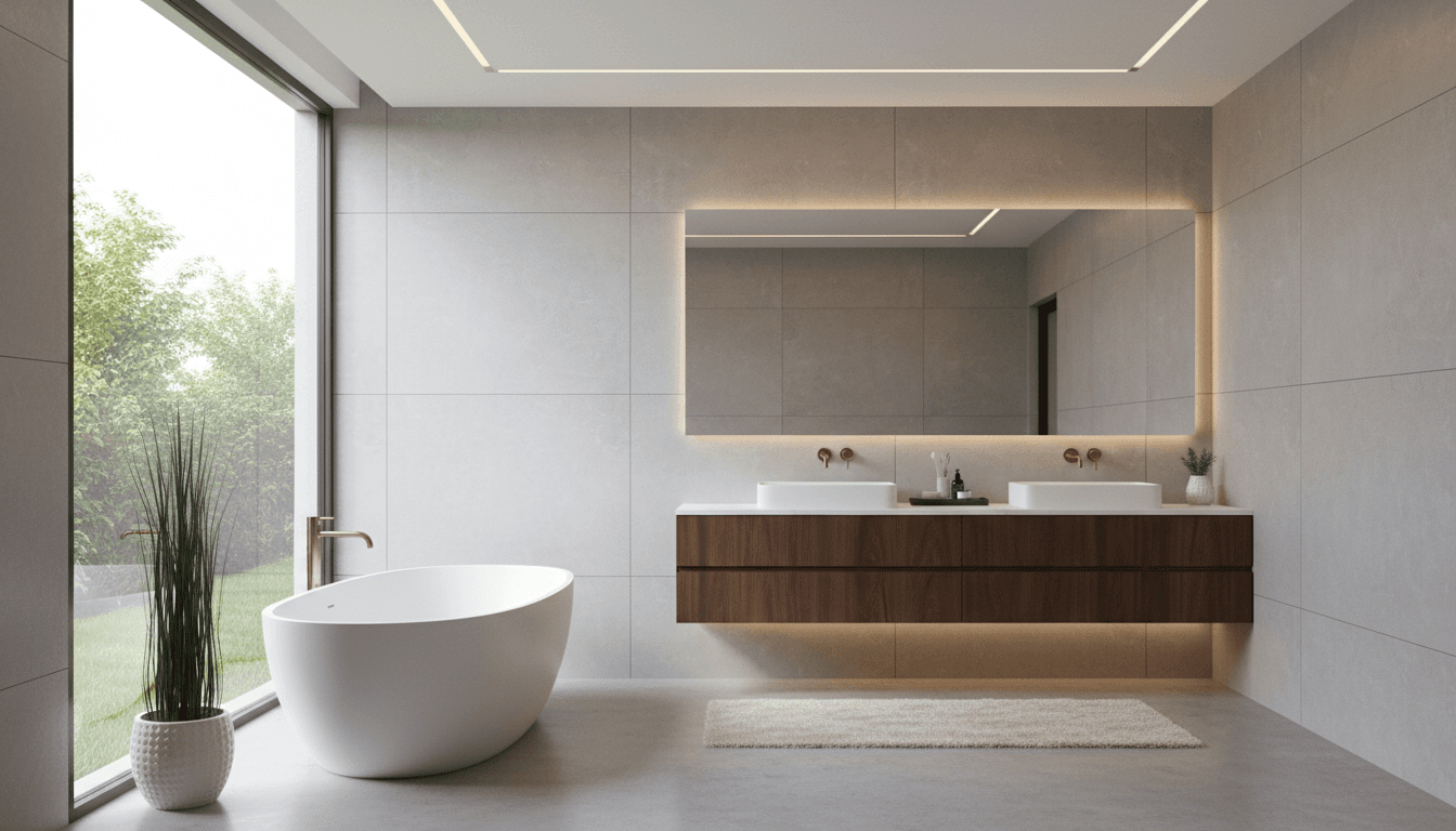 Modern luxury bathroom with freestanding soaking tub and large format tile walls in bright natural light