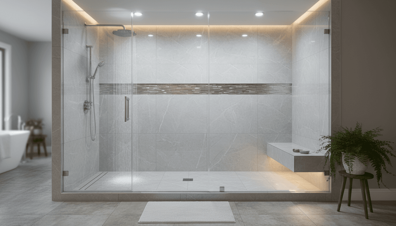 Luxury walk-in shower with rainfall head and floor-to-ceiling tile