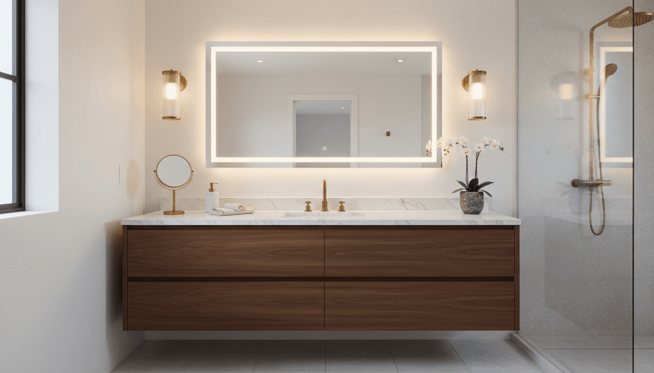 Modern bathroom vanity with backlit mirror and brass fixtures