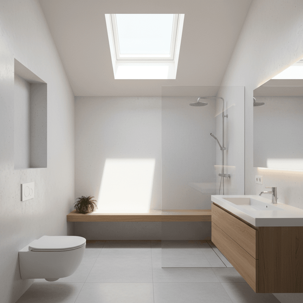Bright small bathroom with skylight and curbless shower with bench