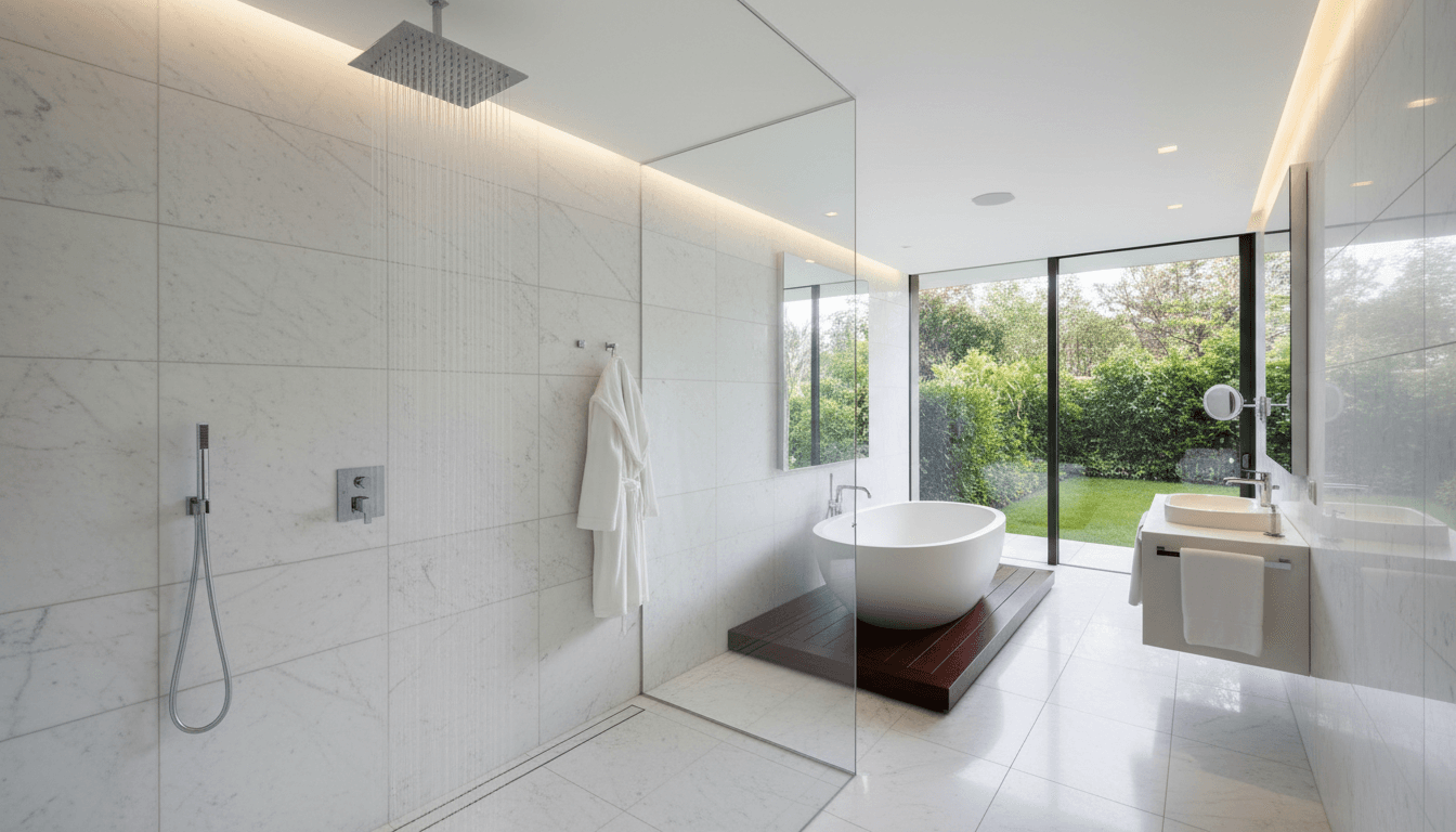 Rainfall shower head in luxury bathroom