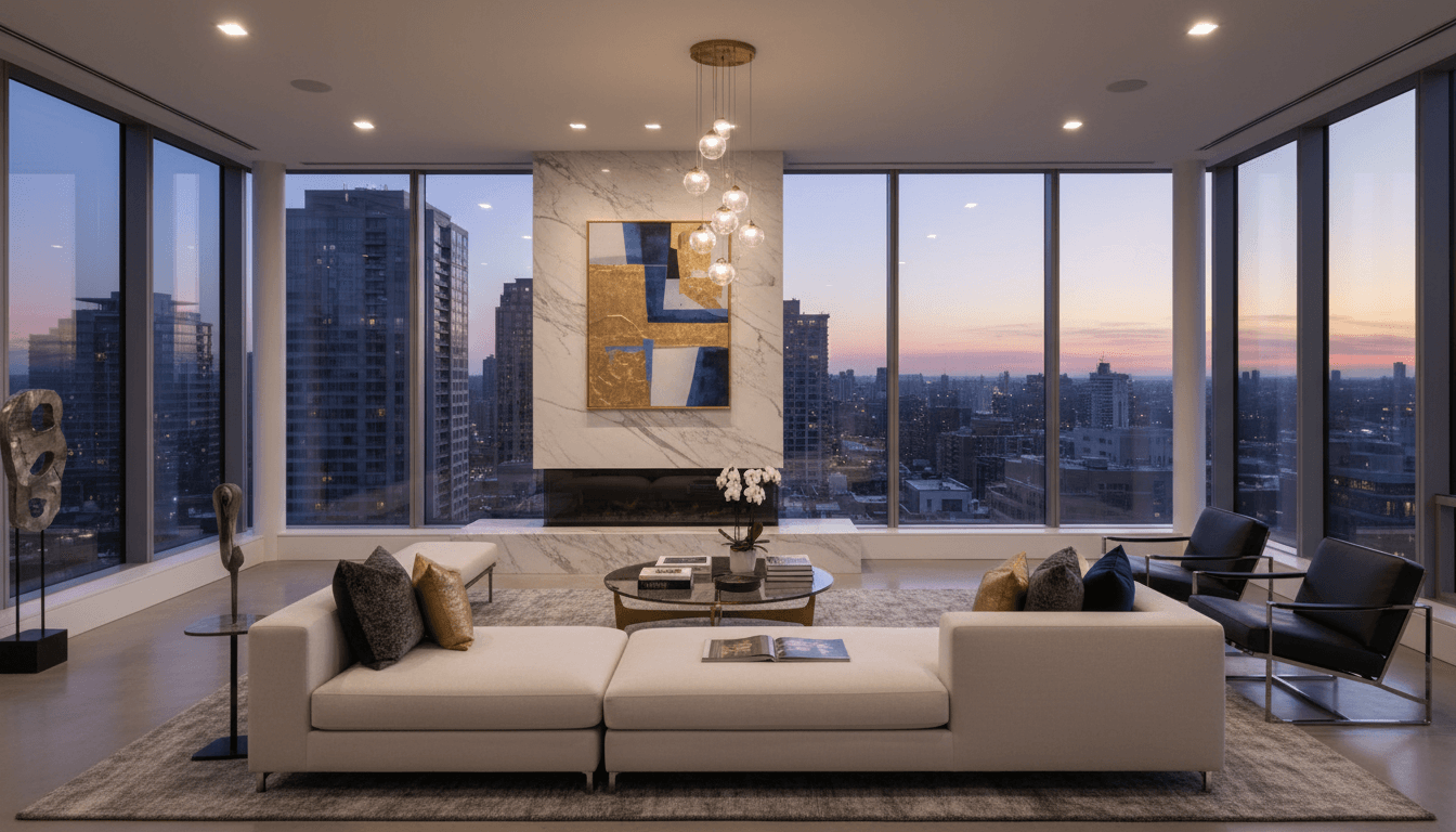 Luxury living room with marble fireplace and floor-to-ceiling windows