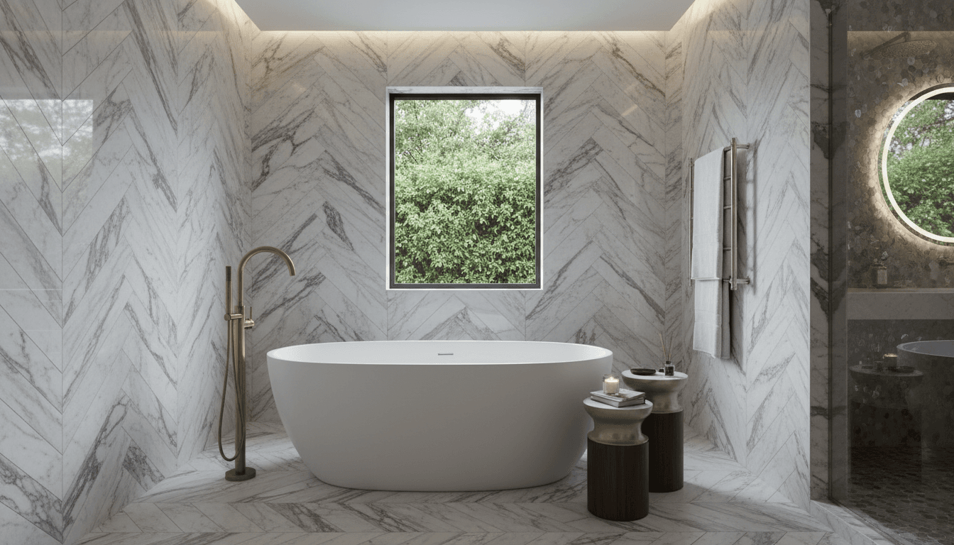 Freestanding soaking tub with floor-mounted filler in an elegant bathroom