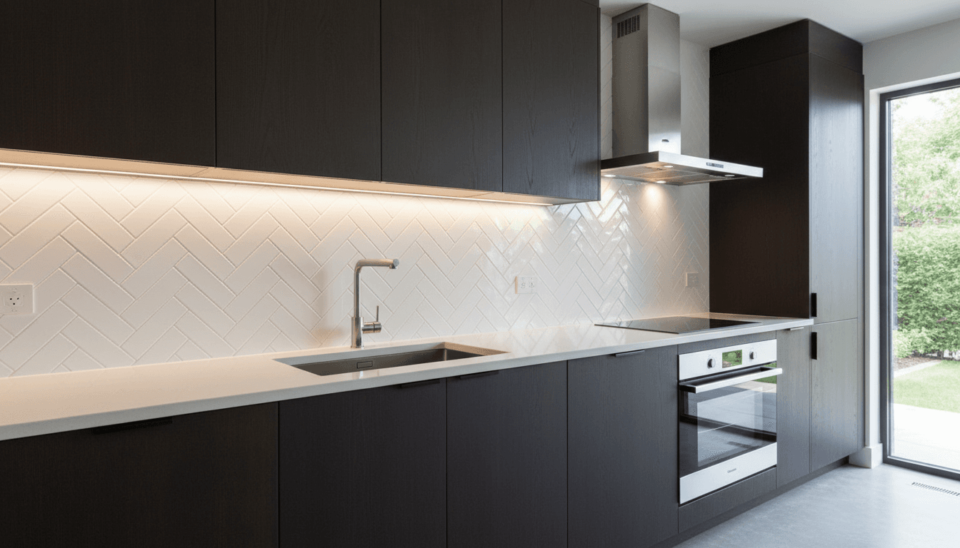 Herringbone tile backsplash in kitchen