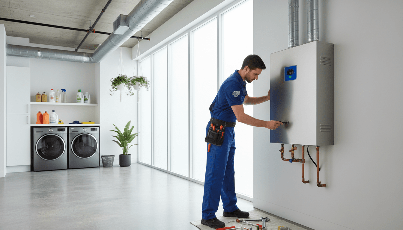 Technician in workwear installing a tankless water heater unit
