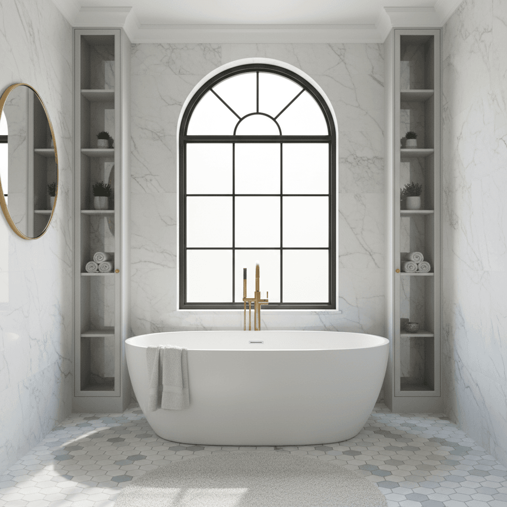 Elegant bathroom with freestanding tub under window and hexagon floor tile