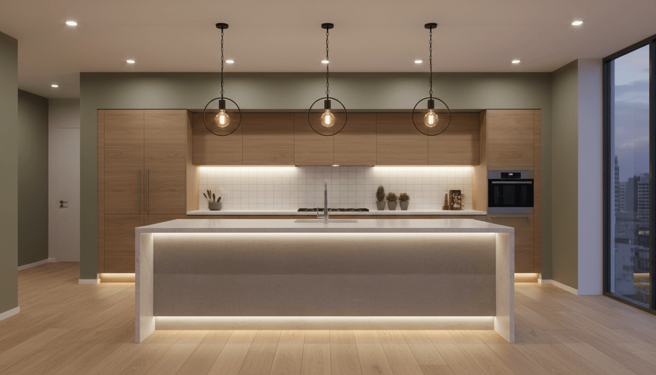 Layered kitchen lighting with pendant fixtures and under-cabinet LEDs