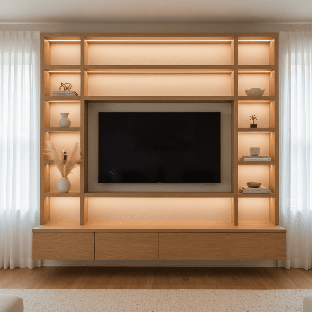 Custom floating media wall in a rowhouse living room with integrated shelving and backlighting