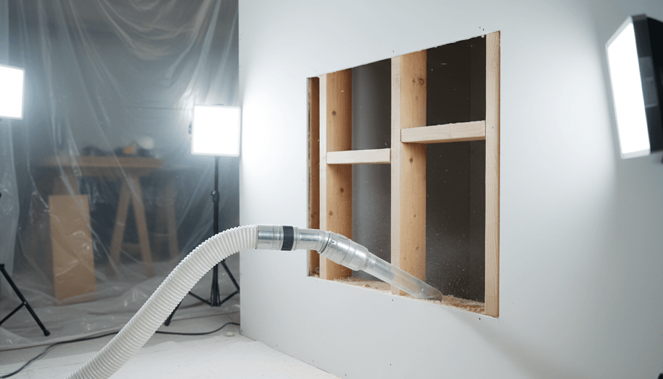 HEPA vacuum removing debris from an open wall cavity during mold remediation