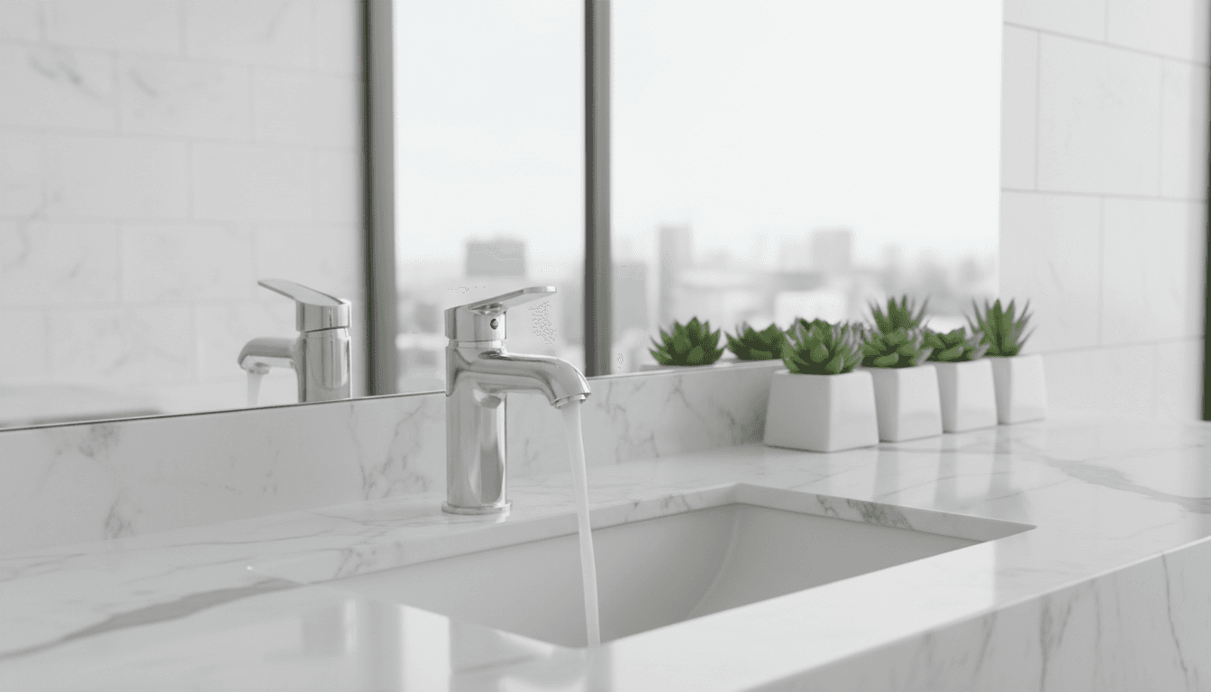 Touchless bathroom faucet on marble countertop