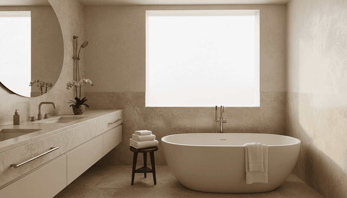 Bright luxury bathroom with marble surfaces and gold fixtures