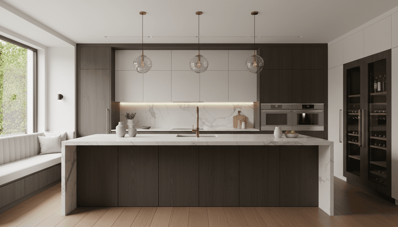 Modern luxury kitchen with a quartz island, custom cabinetry, and pendant lighting