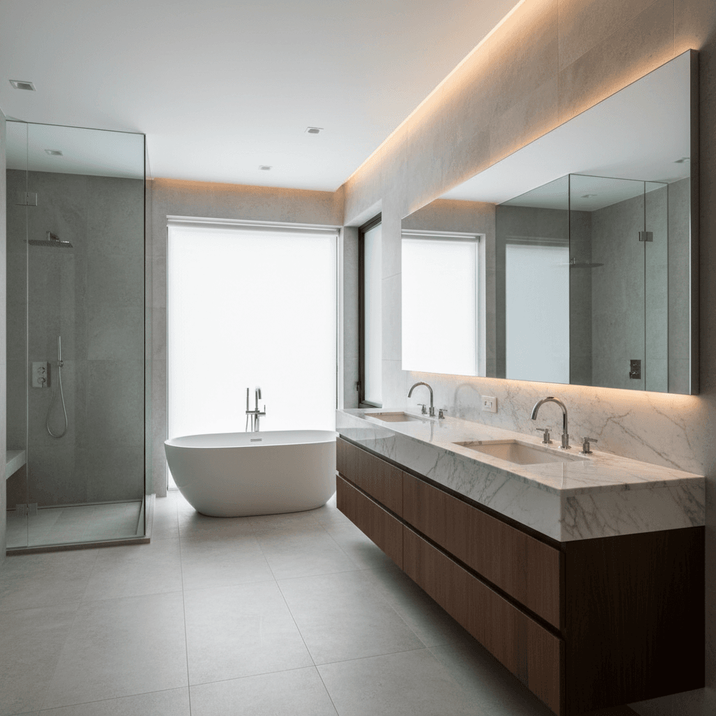 Luxury master bathroom with dual vanity, marble counters, and modern fixtures.