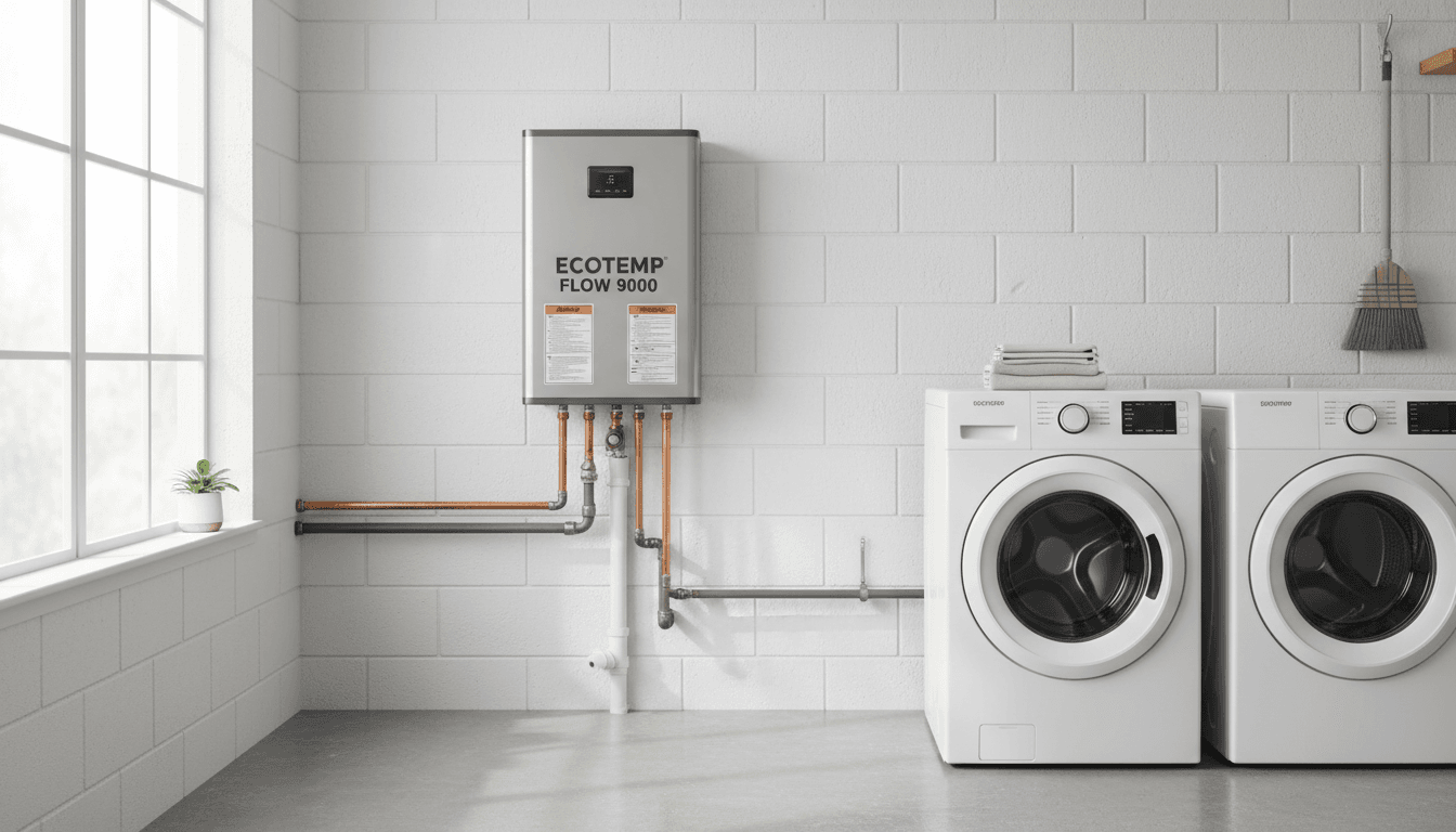 Modern tankless water heater mounted on a wall in a clean utility room