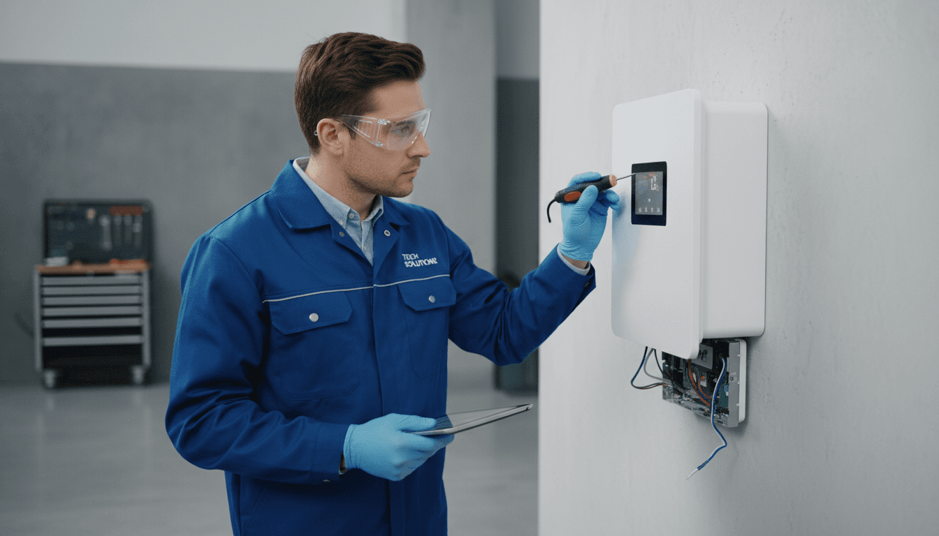Professional technician inspecting a modern wall mounted appliance