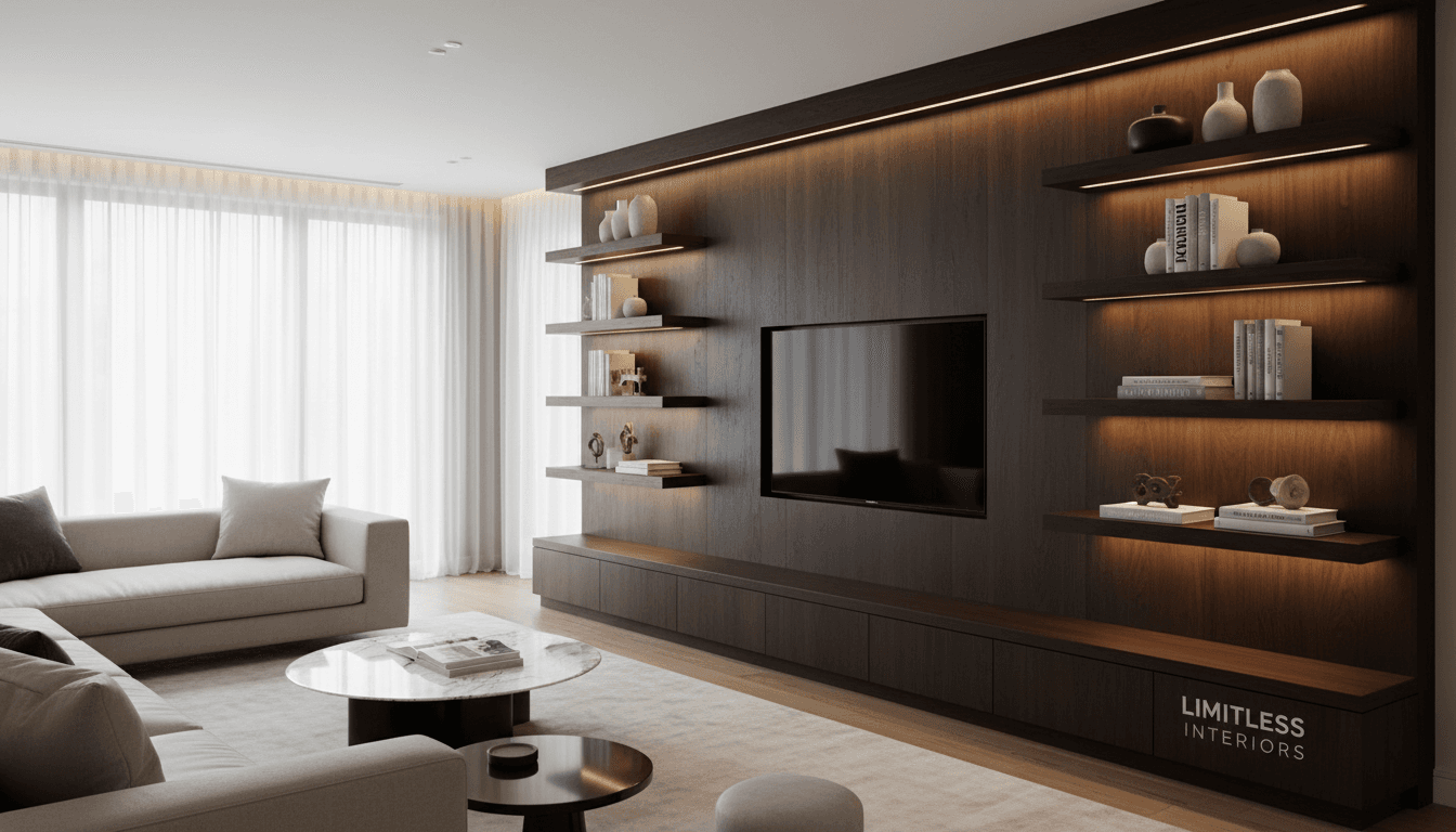 Custom media wall with built-in shelving and ambient lighting