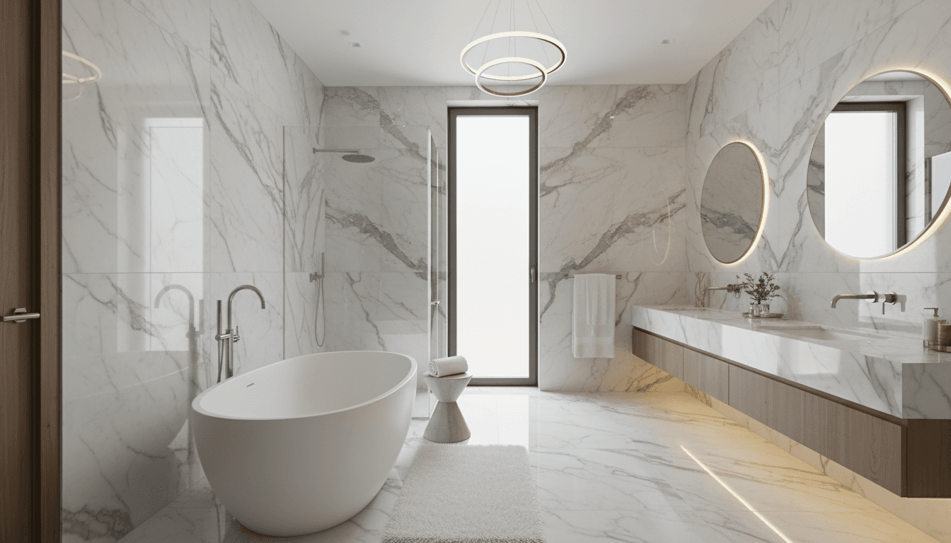 Modern luxury master bathroom with freestanding soaking tub and marble walls