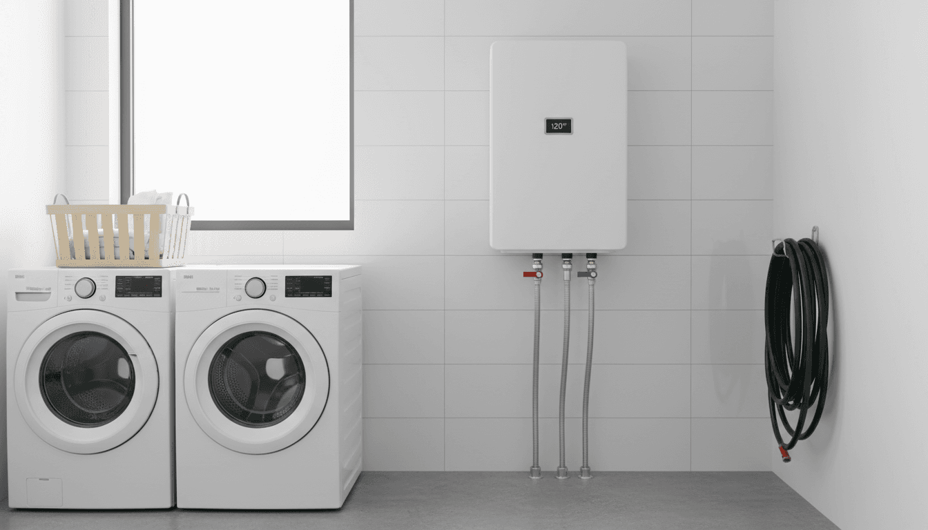 Modern white tankless water heater mounted on a wall in a clean utility room