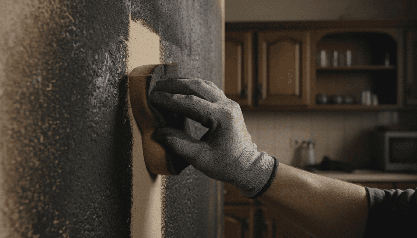 Gloved hand wiping soot from a smoke-damaged wall