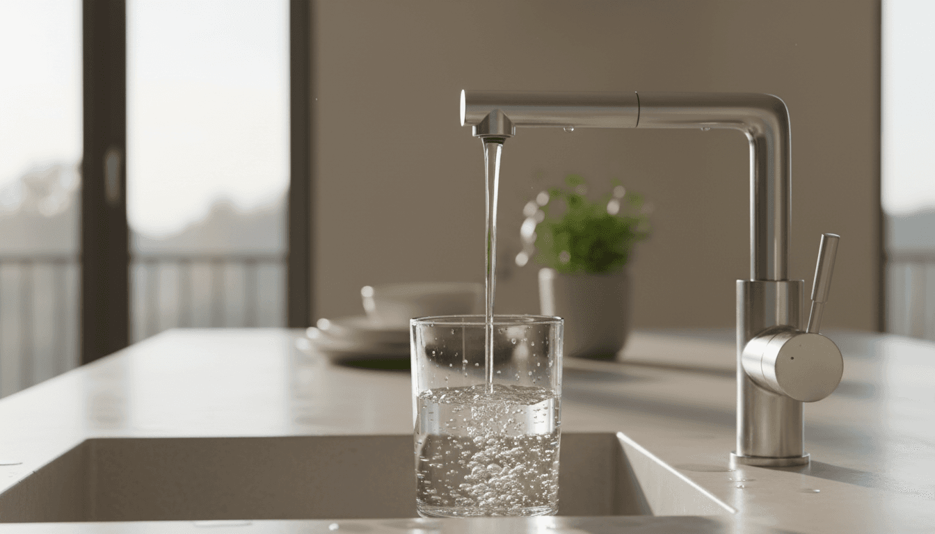 Clear water pouring from a modern kitchen faucet into a glass, clean and inviting