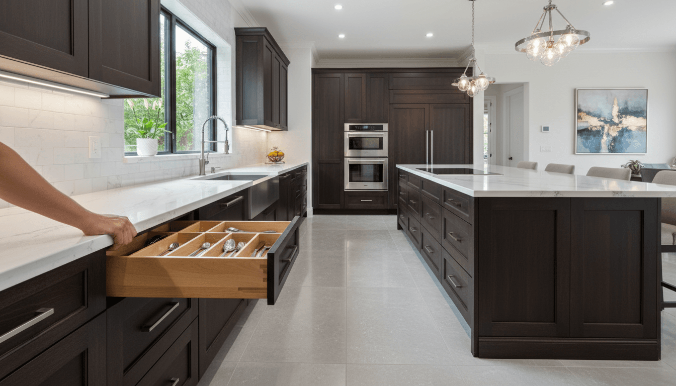Custom-built kitchen cabinets with modern hardware and soft-close drawers